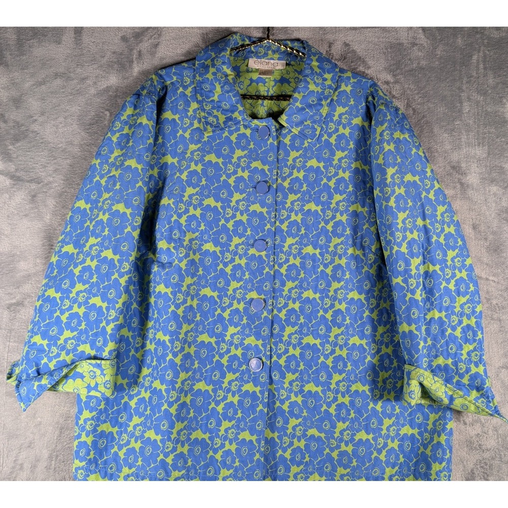 Elana by Tanner Blue Lime Green Floral Cotton Silk Button Front‎ Jacket Plus 3XL